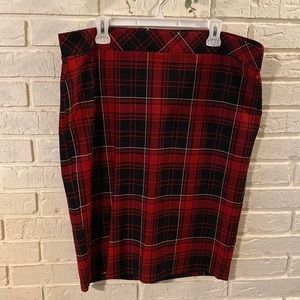 Red & Black Plaid Stretch Ponte Pencil Skirt